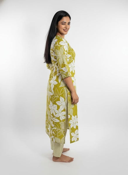 Women's Floral Print Cotton Kurta Set, Lime Yellow and White, 3/4 Sleeve Traditional Indian Dress with Chevron Pant