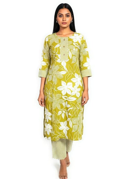 Women's Floral Print Cotton Kurta Set, Lime Yellow and White, 3/4 Sleeve Traditional Indian Dress with Chevron Pant