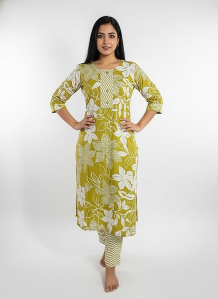 Women's Floral Print Cotton Kurta Set, Lime Yellow and White, 3/4 Sleeve Traditional Indian Dress with Chevron Pant