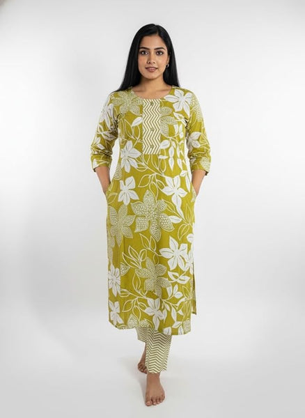 Women's Floral Print Cotton Kurta Set, Lime Yellow and White, 3/4 Sleeve Traditional Indian Dress with Chevron Pant