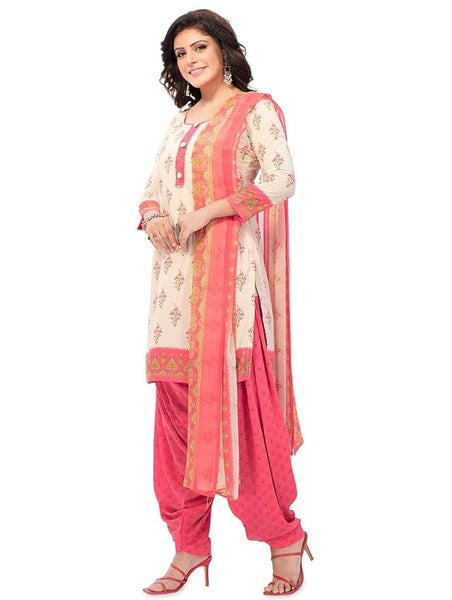 women fancy dress crepe printed unstitched cream suit set salwar with dupatta