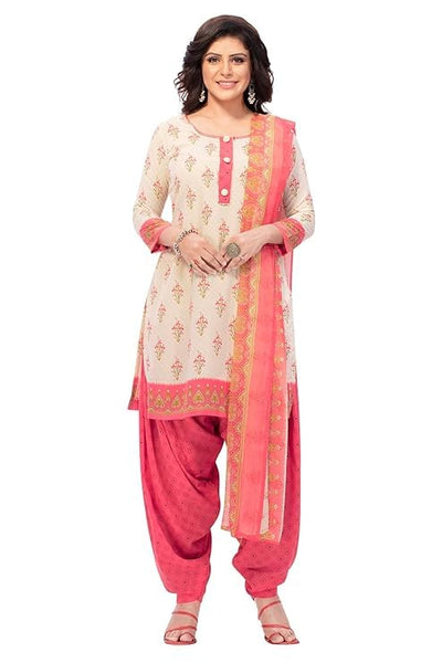women fancy dress crepe printed unstitched cream suit set salwar with dupatta
