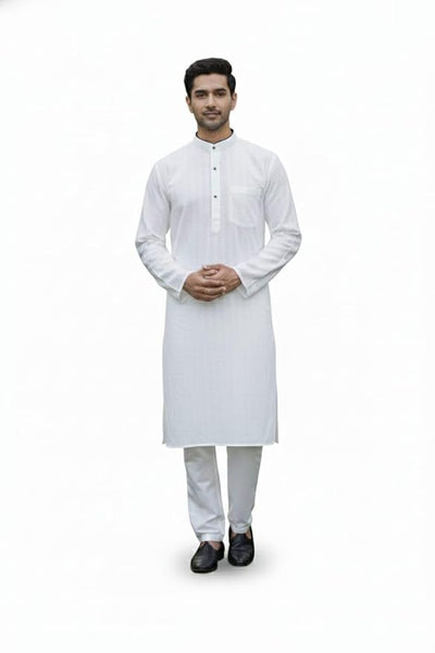 Men’s Traditional White Cotton Kurta Pyjama Set | Long Sleeve Mandarin Collar Ethnic Formal Wear for Festive, Wedding & Cultural Occasions | Comfortable Breathable Men’s Indian Outfit