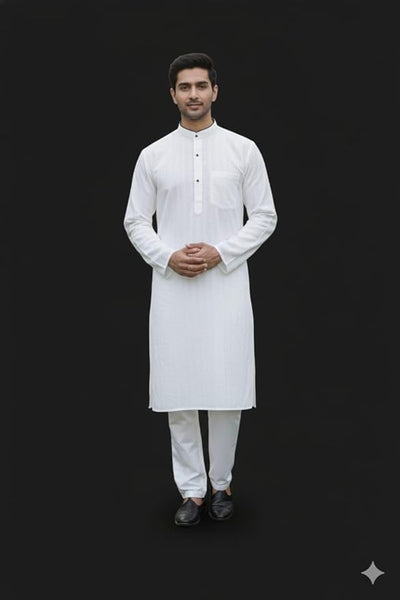 Men’s Traditional White Cotton Kurta Pyjama Set | Long Sleeve Mandarin Collar Ethnic Formal Wear for Festive, Wedding & Cultural Occasions | Comfortable Breathable Men’s Indian Outfit