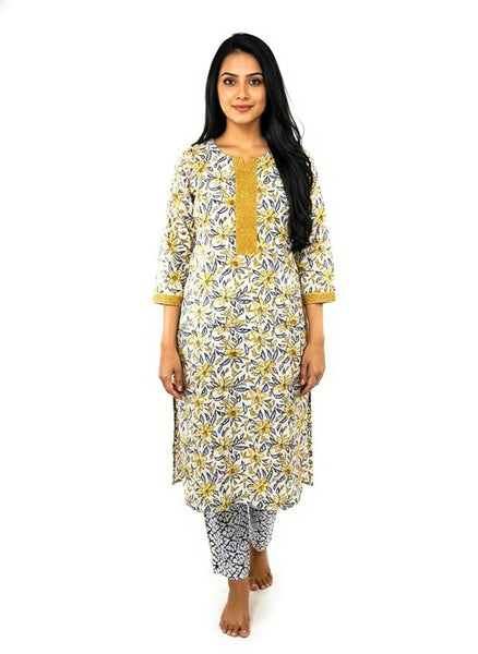 Women's Floral Print Cotton Kurti with Gold Trim, 3/4 Sleeve, White and Yellow Pattern, Traditional Indian Style