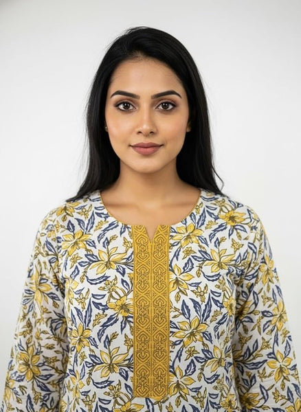Women's Floral Print Cotton Kurti with Gold Trim, 3/4 Sleeve, White and Yellow Pattern, Traditional Indian Style