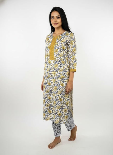 Women's Floral Print Cotton Kurti with Gold Trim, 3/4 Sleeve, White and Yellow Pattern, Traditional Indian Style