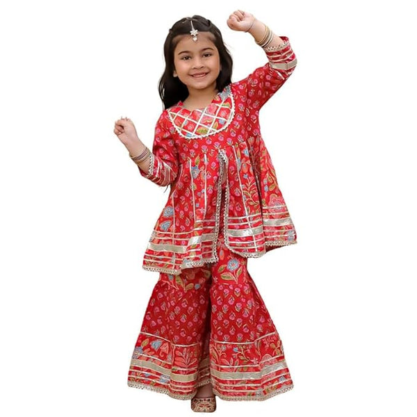 superminis Girls Cotton Floral Printed Gotta Work 3/4 Sleeves Flared Design Kurti & Sharara Set