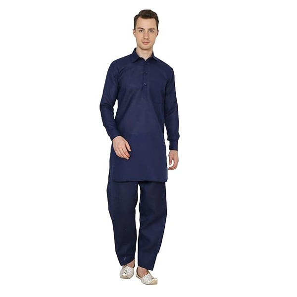Mens Linen Cotton Classic Collar Pathani Suit Set