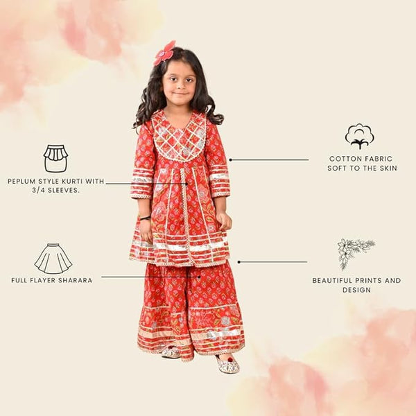 superminis Girls Cotton Floral Printed Gotta Work 3/4 Sleeves Flared Design Kurti & Sharara Set