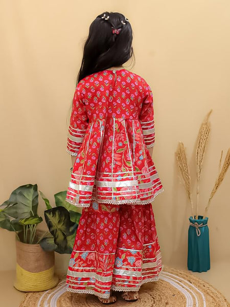 superminis Girls Cotton Floral Printed Gotta Work 3/4 Sleeves Flared Design Kurti & Sharara Set