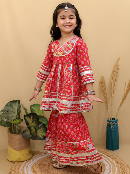 superminis Girls Cotton Floral Printed Gotta Work 3/4 Sleeves Flared Design Kurti & Sharara Set