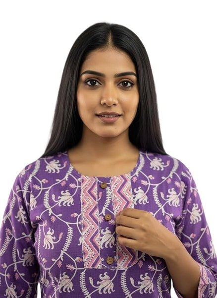 Women's Purple Cotton Kurta Set with Floral Print, 3/4 Sleeve Traditional Indian Dress with Chevron Print Pants