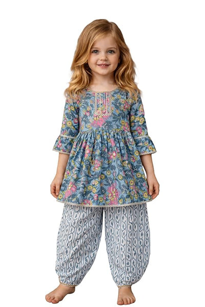 Baby Girls Ethnic Kurta Salwar Set | Cotton Traditional Indian Outfit for Kids | Floral Printed Kurti with Salwar