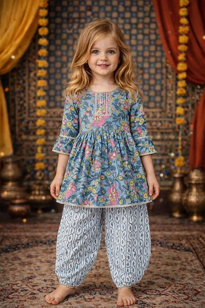 Baby Girls Ethnic Kurta Salwar Set | Cotton Traditional Indian Outfit for Kids | Floral Printed Kurti with Salwar