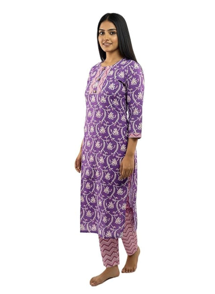 Women's Purple Cotton Kurta Set with Floral Print, 3/4 Sleeve Traditional Indian Dress with Chevron Print Pants
