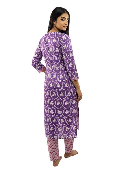Women's Purple Cotton Kurta Set with Floral Print, 3/4 Sleeve Traditional Indian Dress with Chevron Print Pants