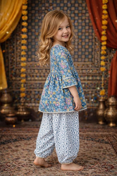 Baby Girls Ethnic Kurta Salwar Set | Cotton Traditional Indian Outfit for Kids | Floral Printed Kurti with Salwar