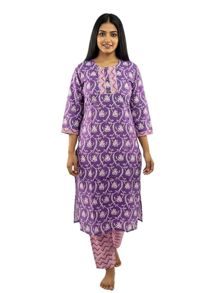 Women's Purple Cotton Kurta Set with Floral Print, 3/4 Sleeve Traditional Indian Dress with Chevron Print Pants