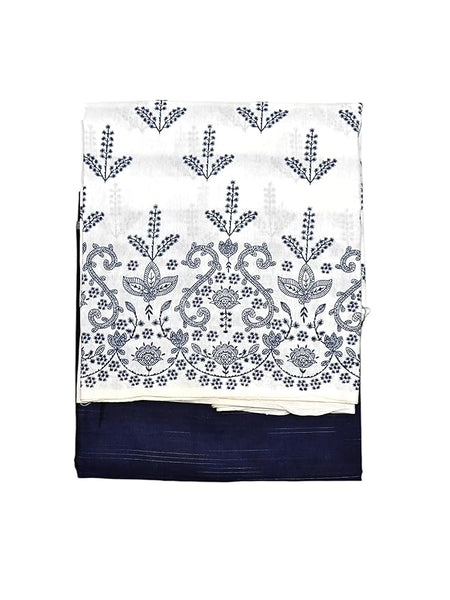 Floral Block Print Cotton fabric for kurti, trousers, suit and multi purpose, Navy Blue and White, Traditional Design