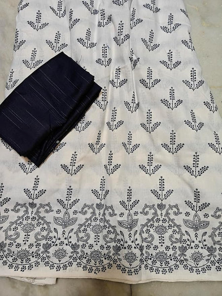 Floral Block Print Cotton fabric for kurti, trousers, suit and multi purpose, Navy Blue and White, Traditional Design
