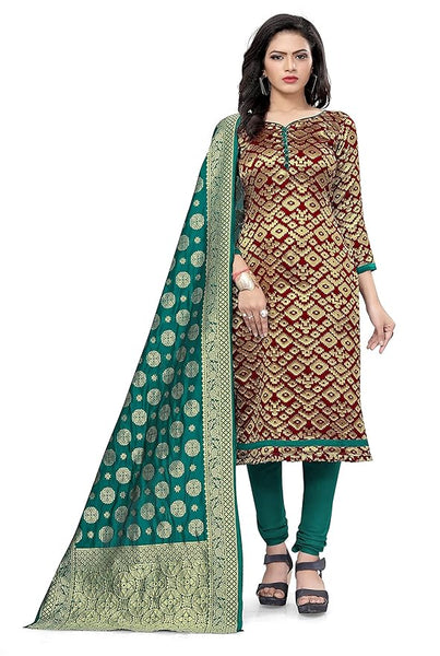 Women's Silk Un-Stitched Dress Material (Maroon & Dark Green)