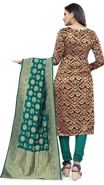 Women's Silk Un-Stitched Dress Material (Maroon & Dark Green)