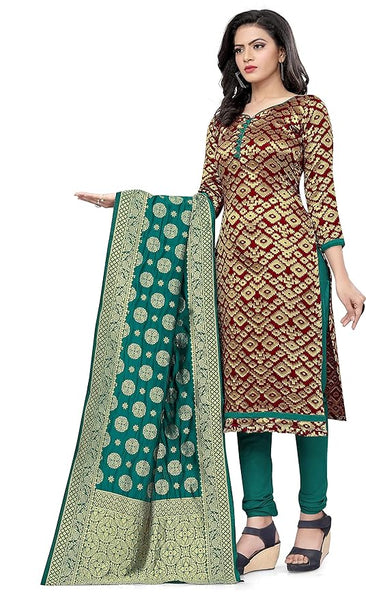 Women's Silk Un-Stitched Dress Material (Maroon & Dark Green)