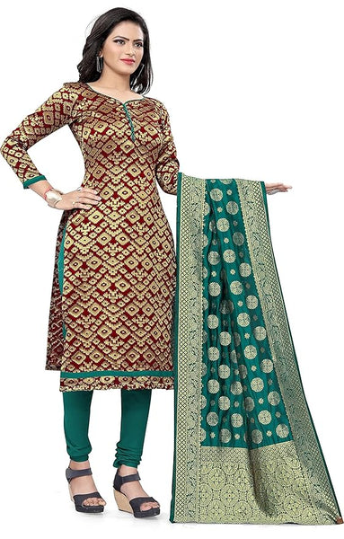 Women's Silk Un-Stitched Dress Material (Maroon & Dark Green)