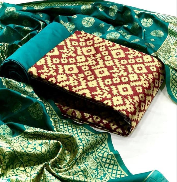 Women's Silk Un-Stitched Dress Material (Maroon & Dark Green)